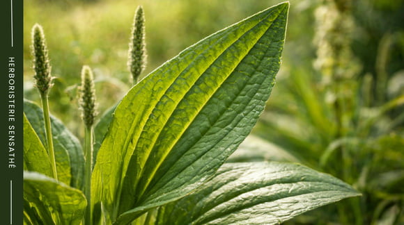 Feuille de plantain de la famille des Plantaginacées en gros plan botanique avec nervures parallèles visibles - Herboristerie Sensathé